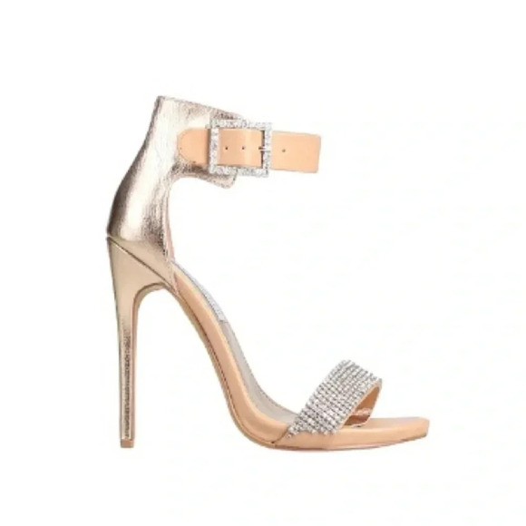 STEVE MADDEN | Gold/Tan/Silver Rhinestone Strap Open Toe Chrome Stiletto Size 9M - Picture 1 of 7